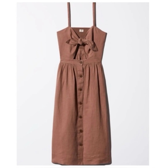 Wilfred Aritzia Adelia Linen Dress Midi Knot Tie Button Nutmeg Tan Brown Size 4 - Picture 1 of 12